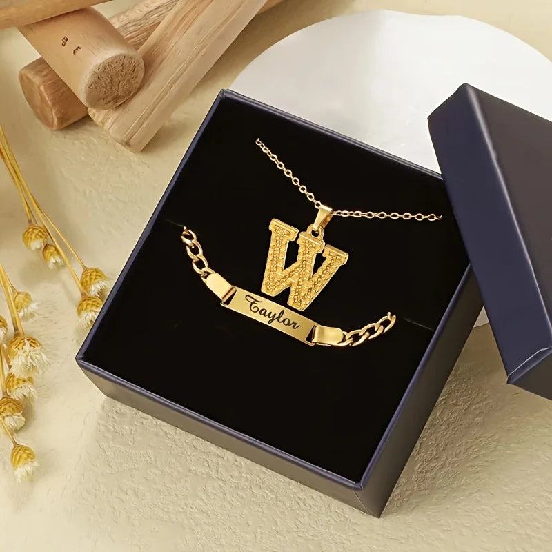 Stylish Personalized Stainless Steel Curved Bar Bracelet Set Custom Letter Pendants Necklace Jewelry Gift for Women