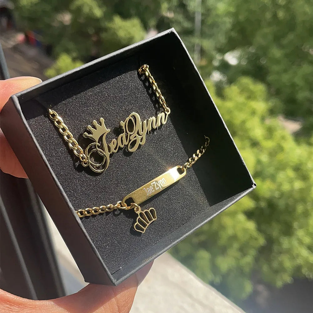 QIUHAN OEM Personalized Letter Name Stainless Steel Crow  Name Jewelry Set for Kid