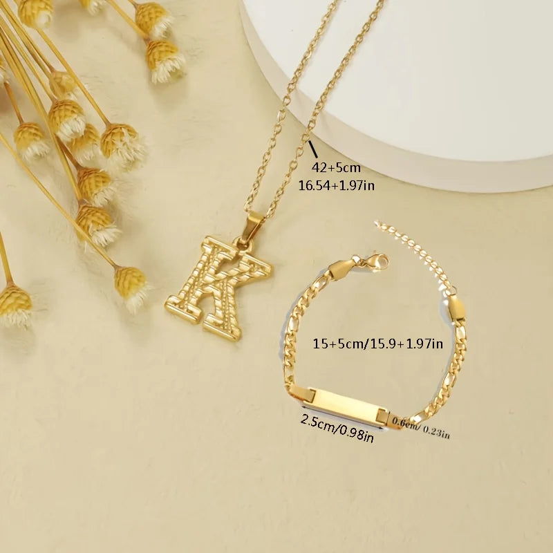 Stylish Personalized Stainless Steel Curved Bar Bracelet Set Custom Letter Pendants Necklace Jewelry Gift for Women