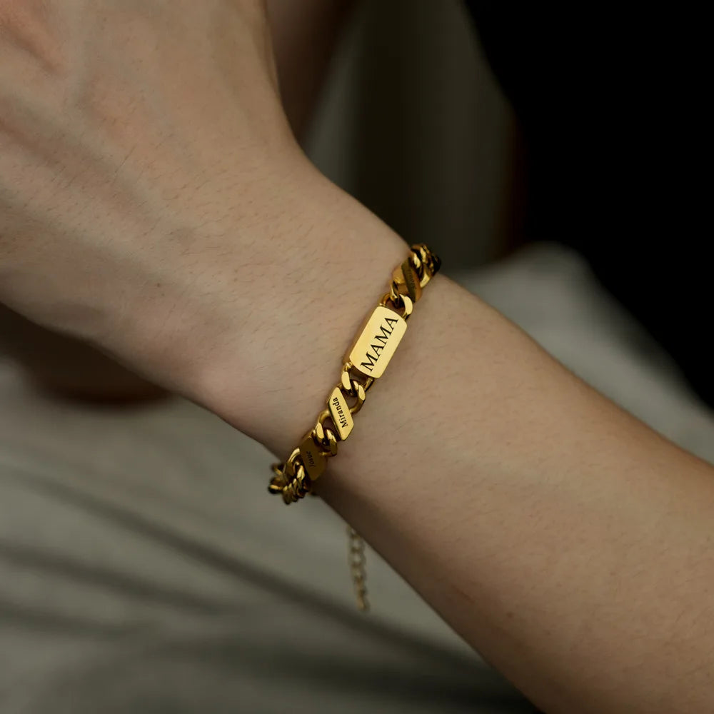 Bracelet Chaîne Cubaine Gravé Personnalisé - Cadeau Fête des Pères et Mères