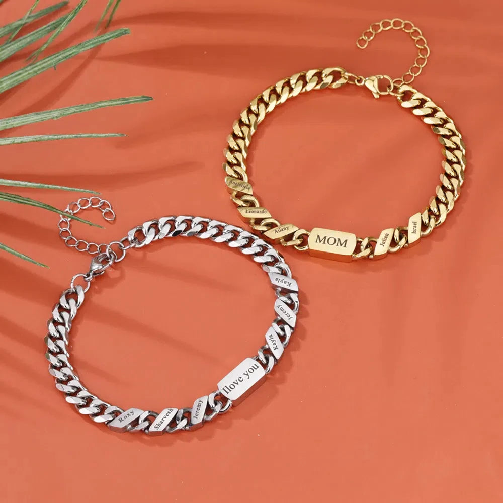 Bracelet Chaîne Cubaine Gravé Personnalisé - Cadeau Fête des Pères et Mères