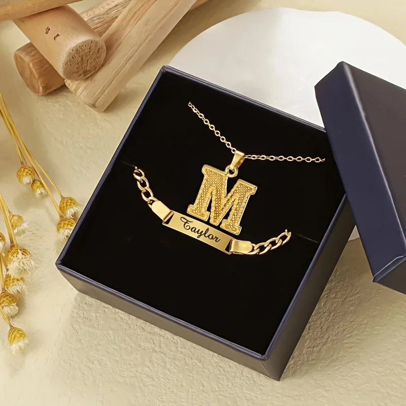 Stylish Personalized Stainless Steel Curved Bar Bracelet Set Custom Letter Pendants Necklace Jewelry Gift for Women