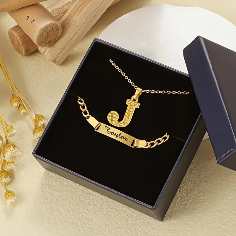 Stylish Personalized Stainless Steel Curved Bar Bracelet Set Custom Letter Pendants Necklace Jewelry Gift for Women