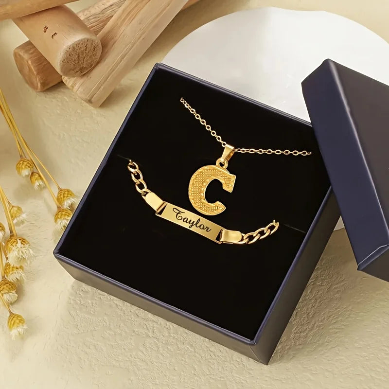 Stylish Personalized Stainless Steel Curved Bar Bracelet Set Custom Letter Pendants Necklace Jewelry Gift for Women