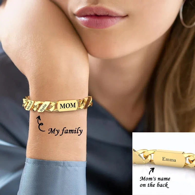 Bracelet Chaîne Cubaine Gravé Personnalisé - Cadeau Fête des Pères et Mères