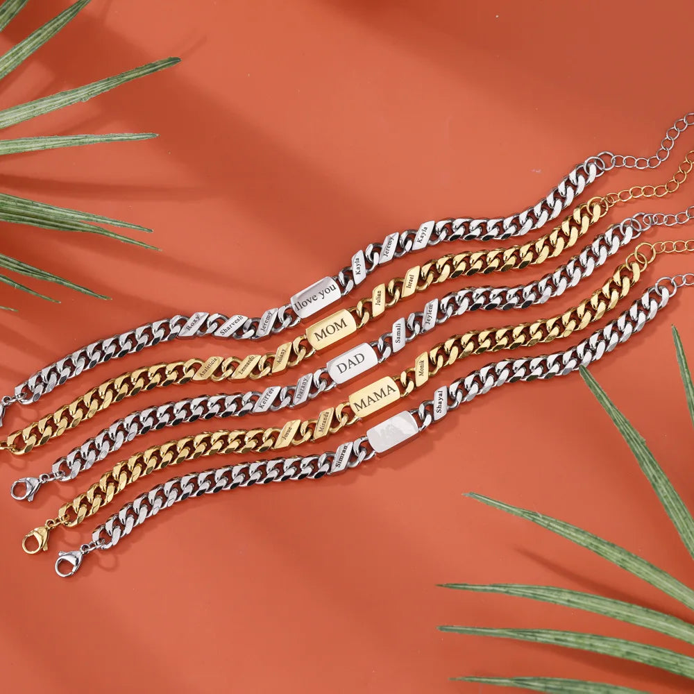Bracelet Chaîne Cubaine Gravé Personnalisé - Cadeau Fête des Pères et Mères