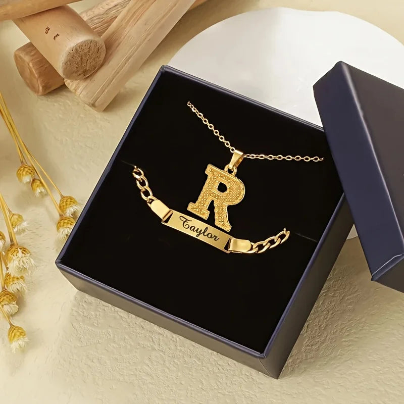 Stylish Personalized Stainless Steel Curved Bar Bracelet Set Custom Letter Pendants Necklace Jewelry Gift for Women