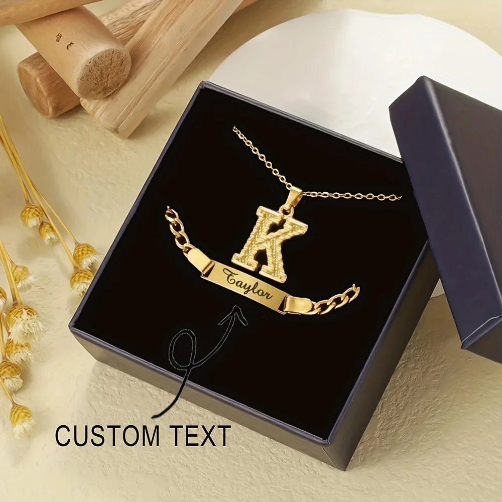 Stylish Personalized Stainless Steel Curved Bar Bracelet Set Custom Letter Pendants Necklace Jewelry Gift for Women