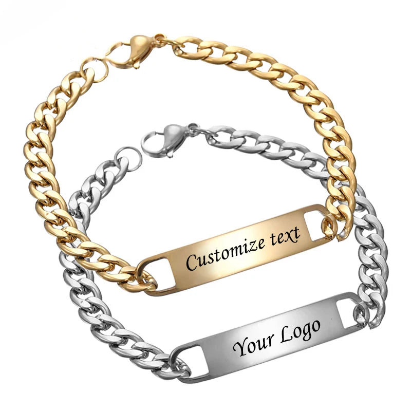 Simple Customized Name Logo Text Men 18k Gold PVD Stainless Steel ID Blank Bar Bracelet Jewelry Length 20cm/20cm+5cm