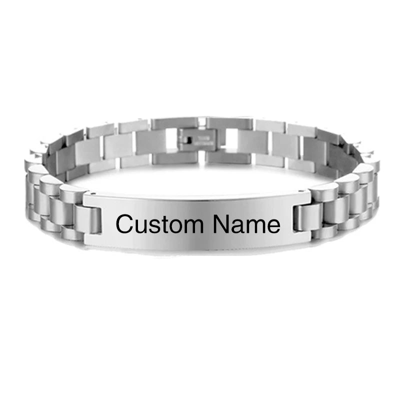 Personalized Engravable Stainless Steel ID Bracelets for Men Custom Engrave Name Plate Identity ID Bar Bracelets for Him19-21CM