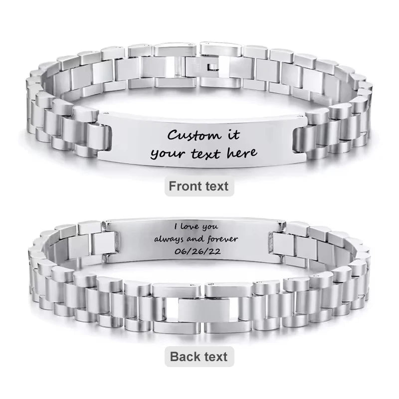 Personalized Engravable Stainless Steel ID Bracelets for Men Custom Engrave Name Plate Identity ID Bar Bracelets for Him19-21CM