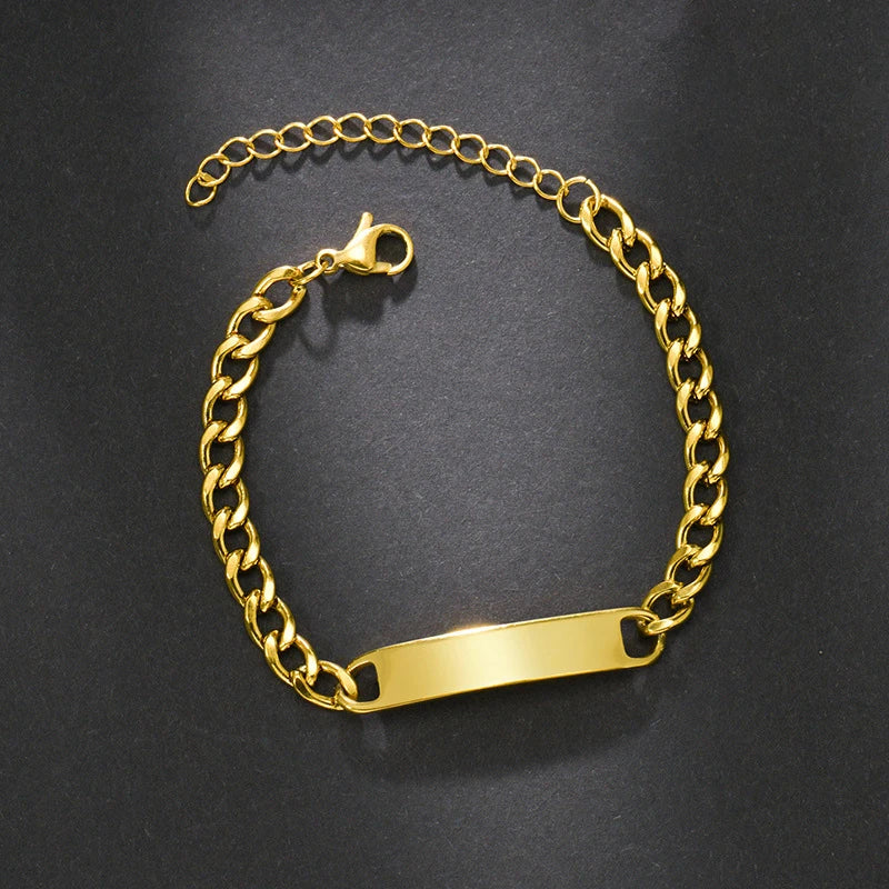 Simple Customized Name Logo Text Men 18k Gold PVD Stainless Steel ID Blank Bar Bracelet Jewelry Length 20cm/20cm+5cm