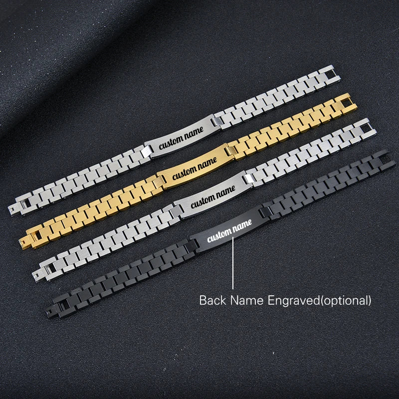 Personalized Engravable Stainless Steel ID Bracelets for Men Custom Engrave Name Plate Identity ID Bar Bracelets for Him19-21CM