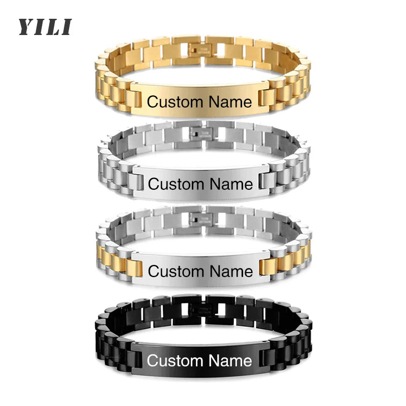 Personalized Engravable Stainless Steel ID Bracelets for Men Custom Engrave Name Plate Identity ID Bar Bracelets for Him19-21CM