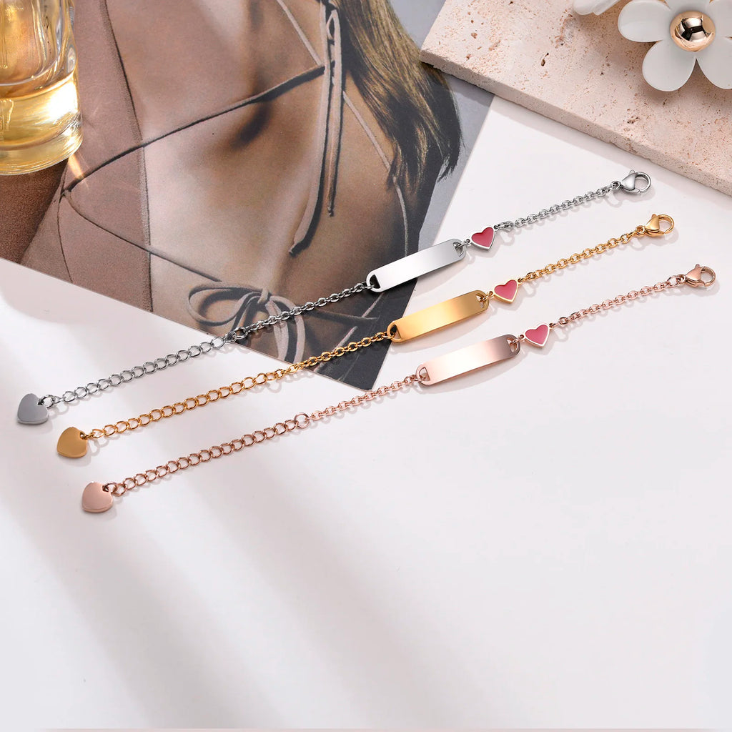 Customized Heart Bracelet for Little Girl Boy, Engravable ID Name Bracelet, Personalized Stainless Steel Chain Birthday Gift