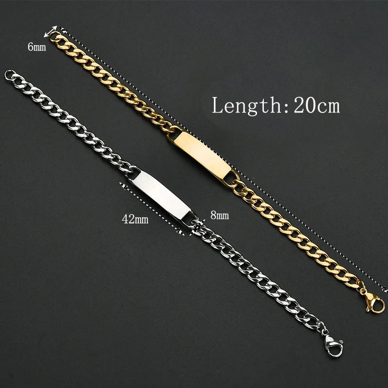 Simple Customized Name Logo Text Men 18k Gold PVD Stainless Steel ID Blank Bar Bracelet Jewelry Length 20cm/20cm+5cm