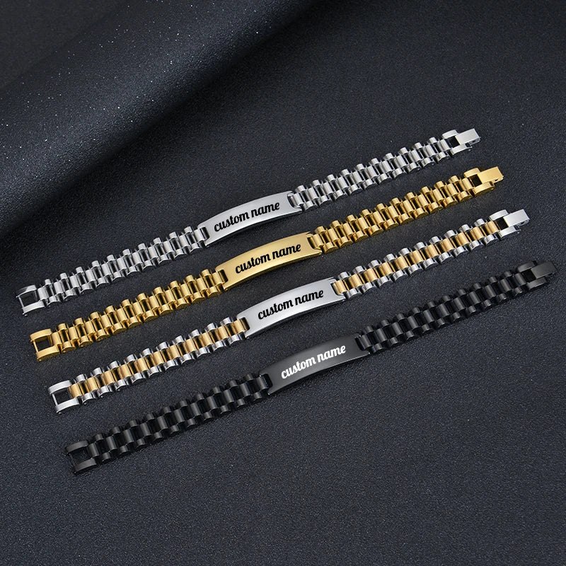 Personalized Engravable Stainless Steel ID Bracelets for Men Custom Engrave Name Plate Identity ID Bar Bracelets for Him19-21CM