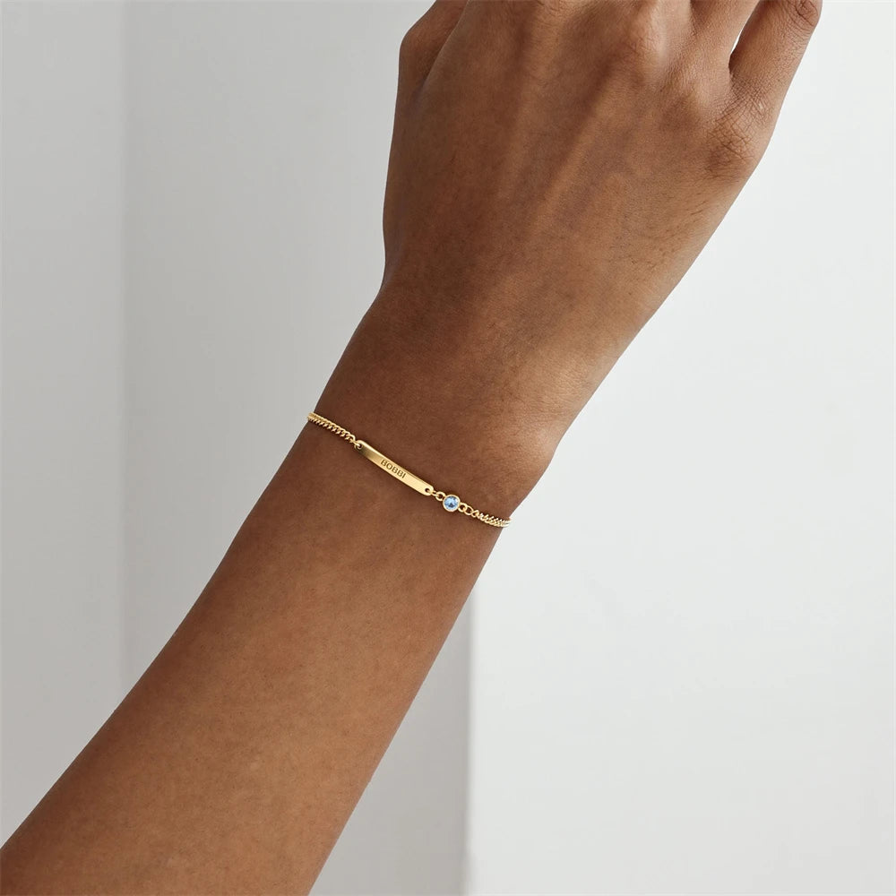 Bracelet Barre Personnalisé Pierre de Naissance - Gravure Prénom Acier