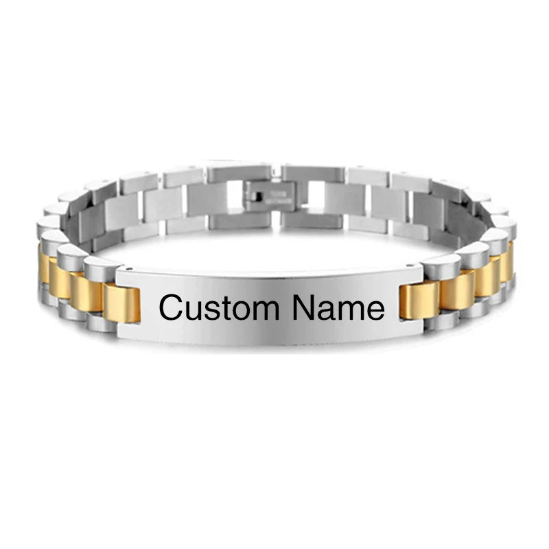Personalized Engravable Stainless Steel ID Bracelets for Men Custom Engrave Name Plate Identity ID Bar Bracelets for Him19-21CM