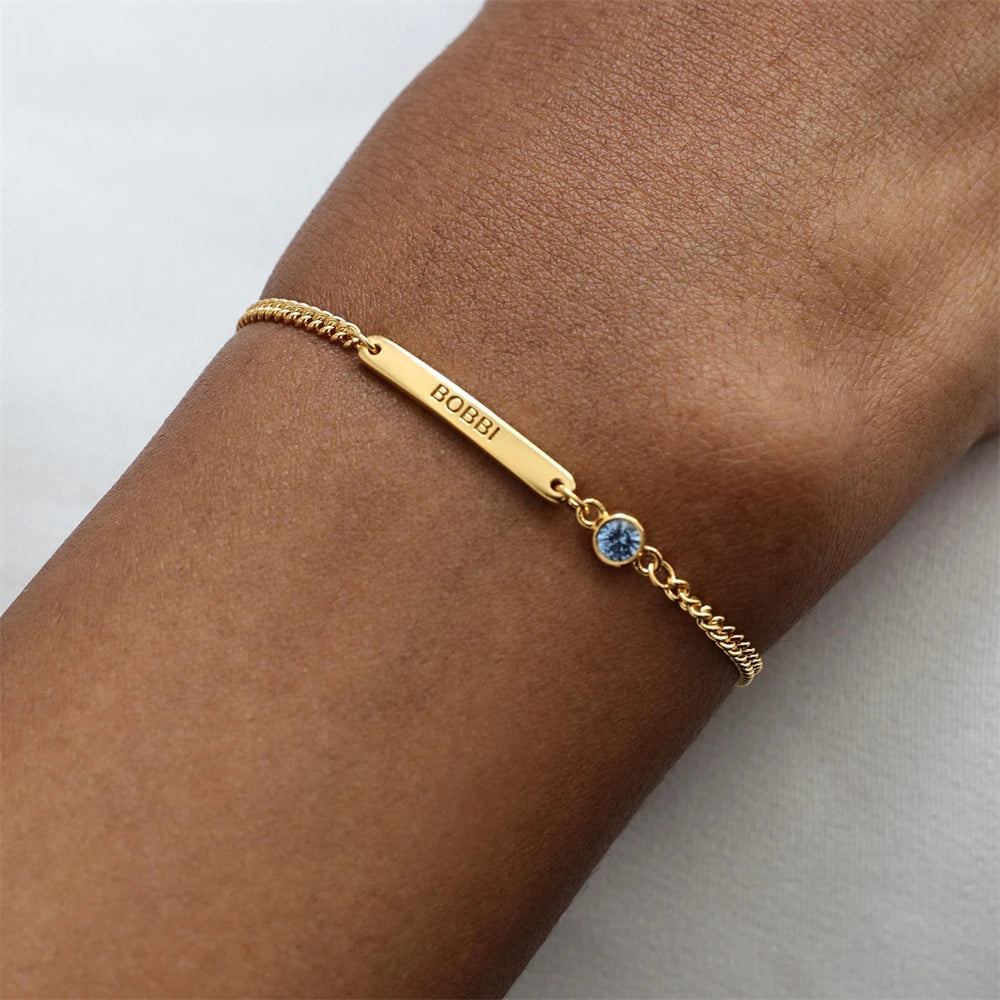 Bracelet Barre Personnalisé Pierre de Naissance - Gravure Prénom Acier