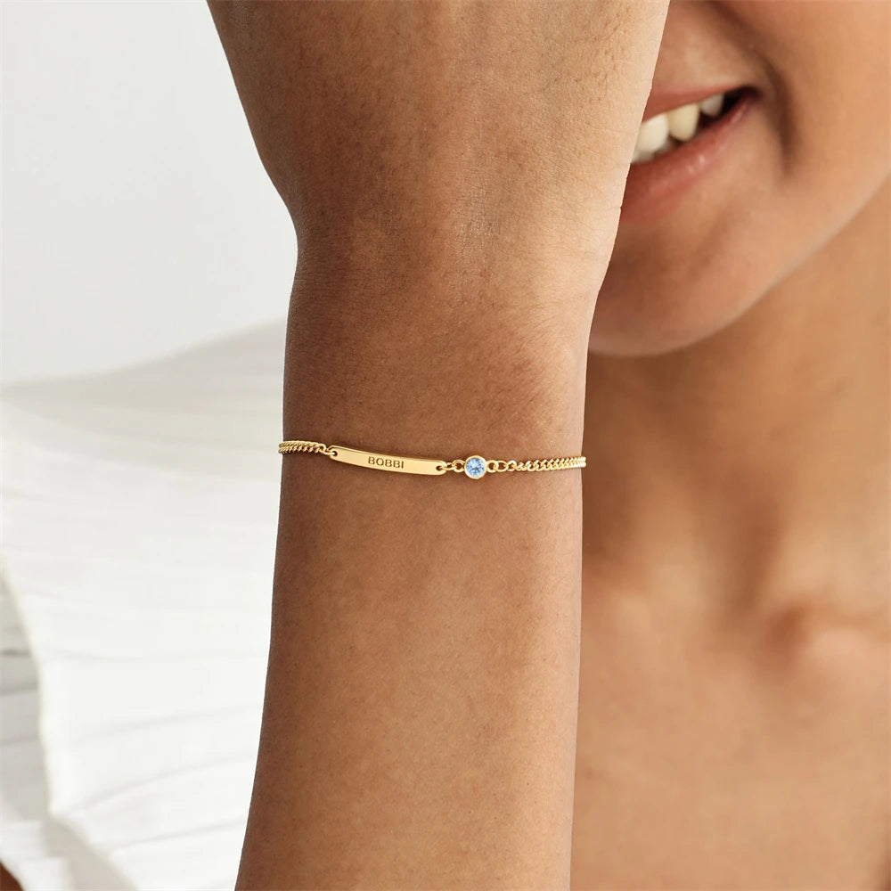 Bracelet Barre Personnalisé Pierre de Naissance - Gravure Prénom Acier