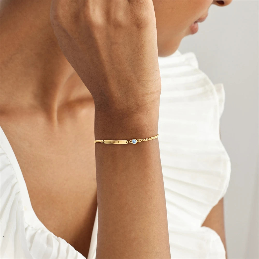 Bracelet Barre Personnalisé Pierre de Naissance - Gravure Prénom Acier
