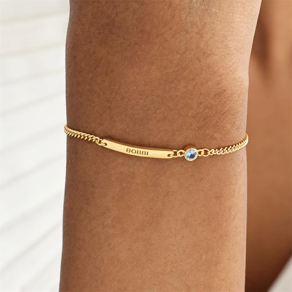 Bracelet Barre Personnalisé Pierre de Naissance - Gravure Prénom Acier