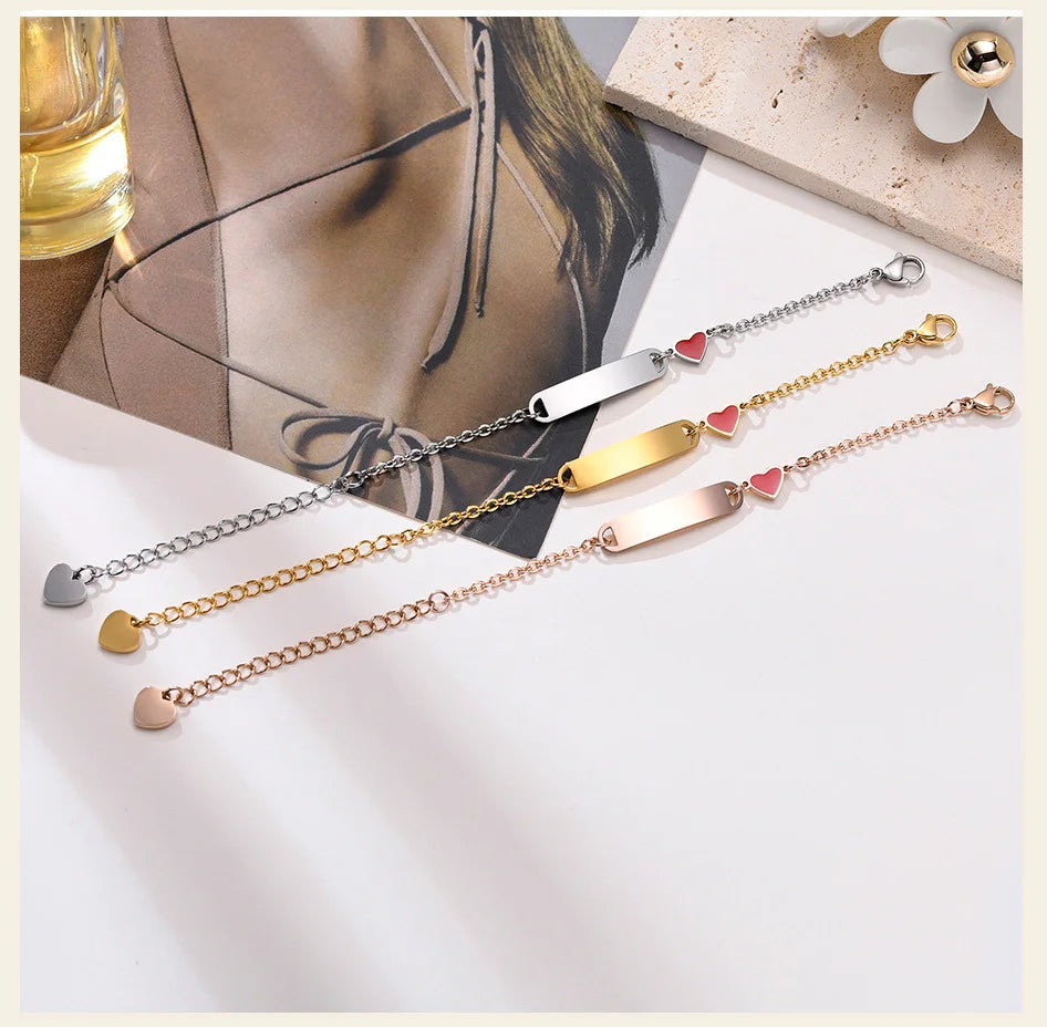 Customized Heart Bracelet for Little Girl Boy, Engravable ID Name Bracelet, Personalized Stainless Steel Chain Birthday Gift