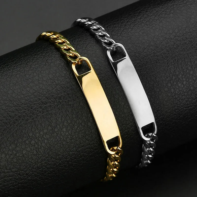 Simple Customized Name Logo Text Men 18k Gold PVD Stainless Steel ID Blank Bar Bracelet Jewelry Length 20cm/20cm+5cm
