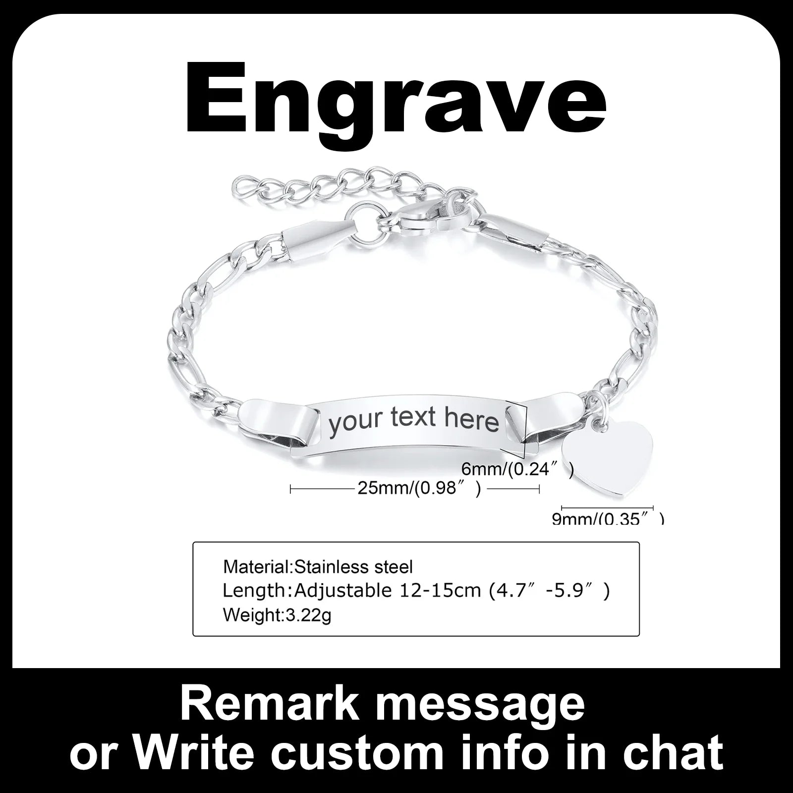 Customized Heart Bracelet for Little Girl Boy, Engravable ID Name Bracelet, Personalized Stainless Steel Chain Birthday Gift