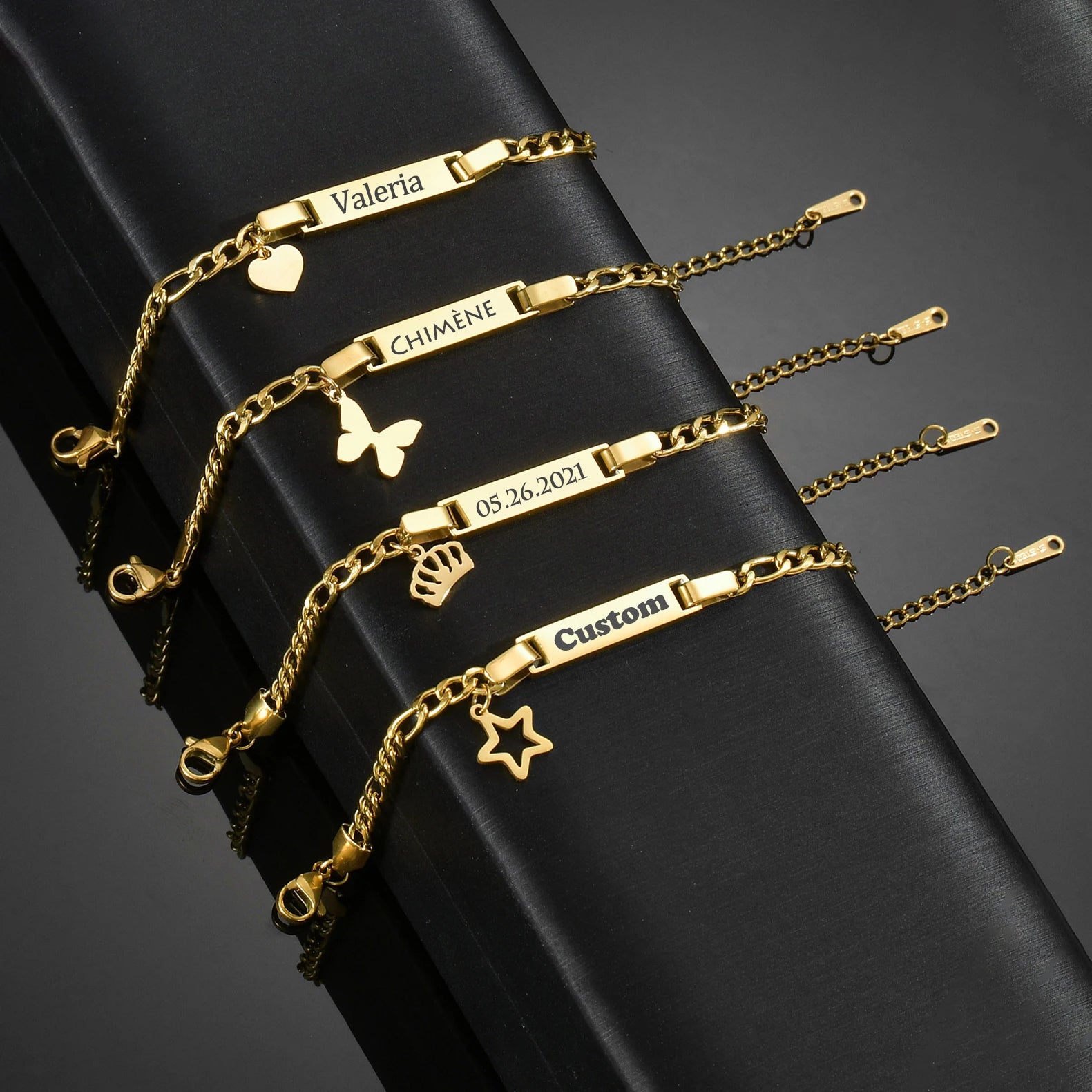 Atoztide Personalized Engrave Name Bracelet For Women Mother Kids Stainless Steel Heart Adjustable Figaro Chain Jewelry Gift